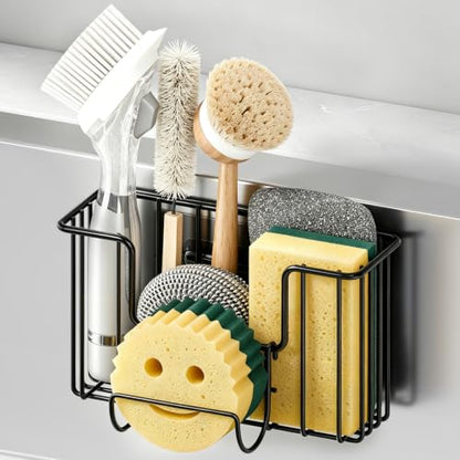 Black Sponge Holder for Kitchen Sink - Hanging Sink Organizer with Adhesive Hook