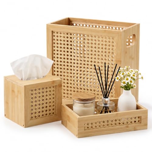 Wicker Bathroom Accessories Set with Trash Can, Tissue Box & Tray - Rustic Rattan Decor
