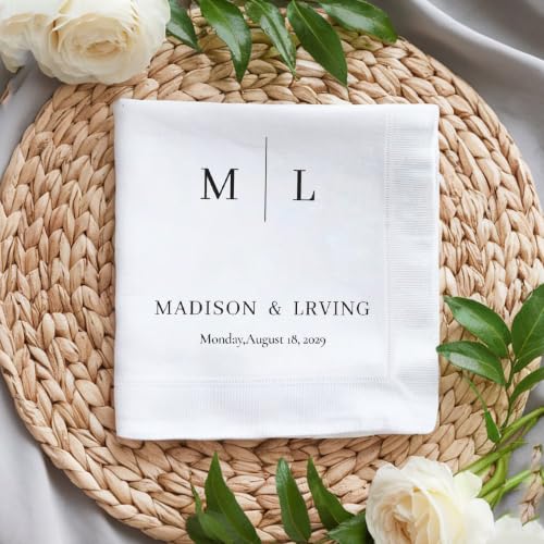Personalized Wedding Cocktail Napkins - Style 1, Floral Wreath Design, 50 or 100 Pack