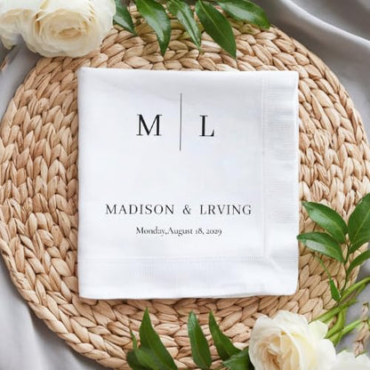 Personalized Wedding Cocktail Napkins - Style 1, Floral Wreath Design, 50 or 100 Pack