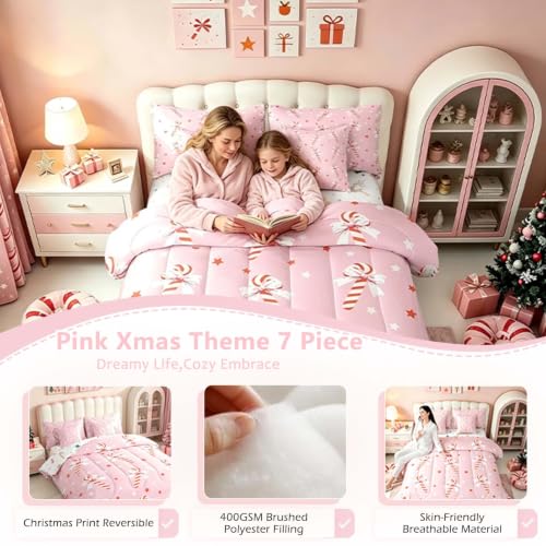 Feelyou Pink Christmas Girl Comforter Set with Sheets Full Size - Red, Pink & White Variation
