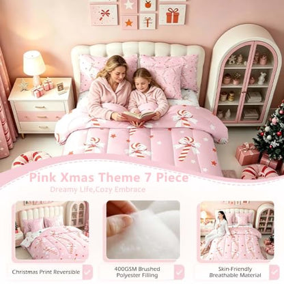 Feelyou Pink Christmas Girl Comforter Set with Sheets Full Size - Red, Pink & White Variation