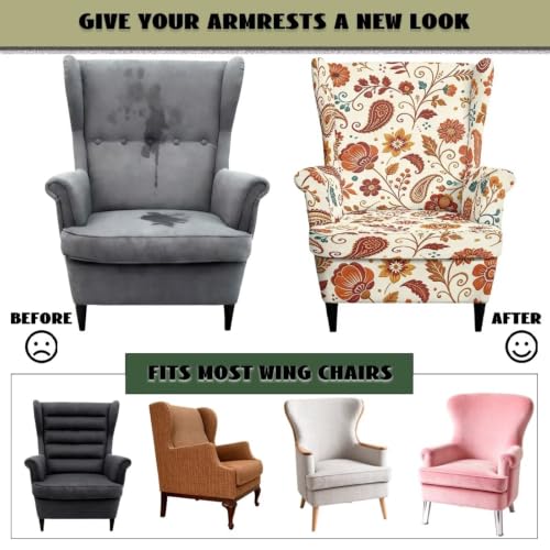 Boho Floral Wingback Chair Cover 2-Piece Slipcover with Arms - Stain-Resistant & Non-Slip, Washable Furniture Protector for Living Room & Bedroom - Variation: Boho Floral / Wingback Chair Covers