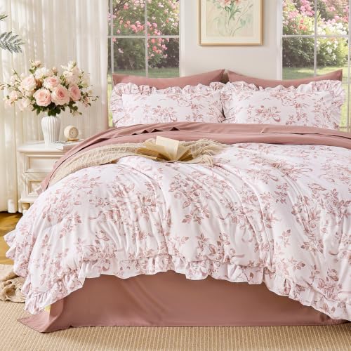 Pink Floral Twin Comforter Set with Ruffle Bedding - 7 Pieces