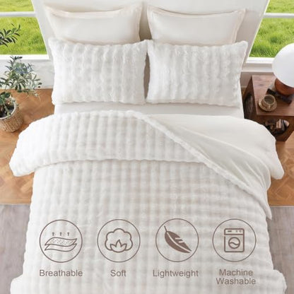 Queen Size Faux Rabbit Fur Comforter Set with Detachable Blanket - Cream White, 6 Pieces - Downcool