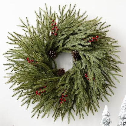 Large 24 Inch Artificial Christmas Wreath with Red Berries Pine Cones - Real Touch Front Door Decor