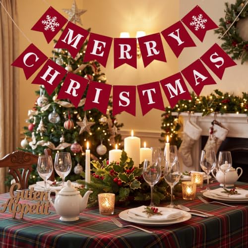 Funrous Merry Christmas Banner Red Xmas Bunting Garland Party Decorations - Red Xmas