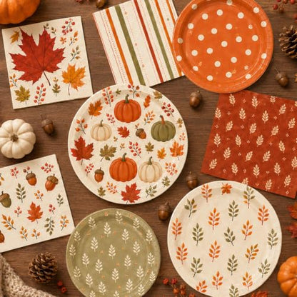 Fall Party Plates and Napkins Set - Pumpkin Leaf Designs for Autumn Harvest Thanksgiving