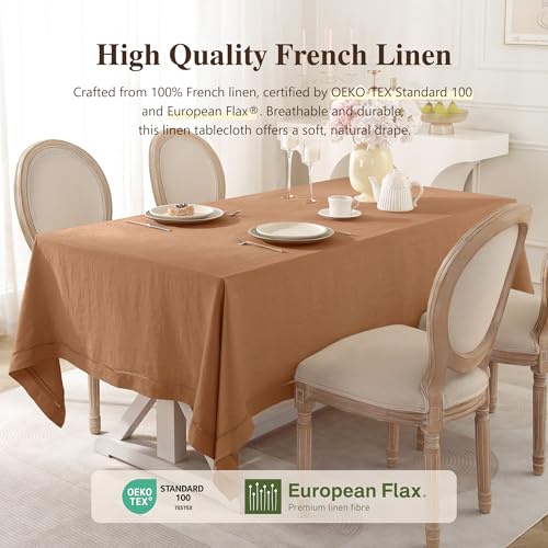 Beige Hemstitch Linen Tablecloth 90x60 Inch - Fall Table Decor