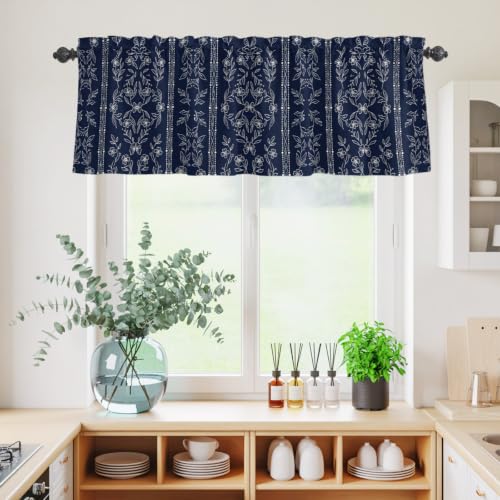 Navy Blue Floral Kitchen Curtains Set Valance & Tier 3 Pieces 54x18+27x24 Variation