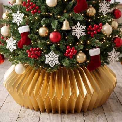 Foldable Paper Christmas Tree Collar - Honeycomb Xmas Tree Ring Basket, Gold, 23-26 Inch Diameter