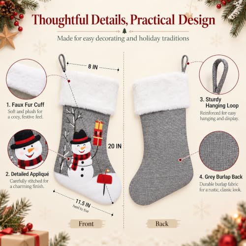 Gray Christmas Stockings Set of 5 - 20 Inch Burlap with Faux Fur Cuff