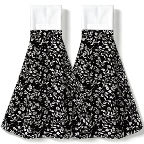 Black White Floral Hanging Kitchen Towels 2pcs Hand & Dish Drying Towels