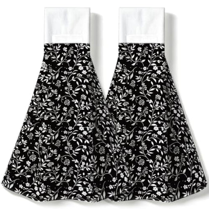 Black White Floral Hanging Kitchen Towels 2pcs Hand & Dish Drying Towels