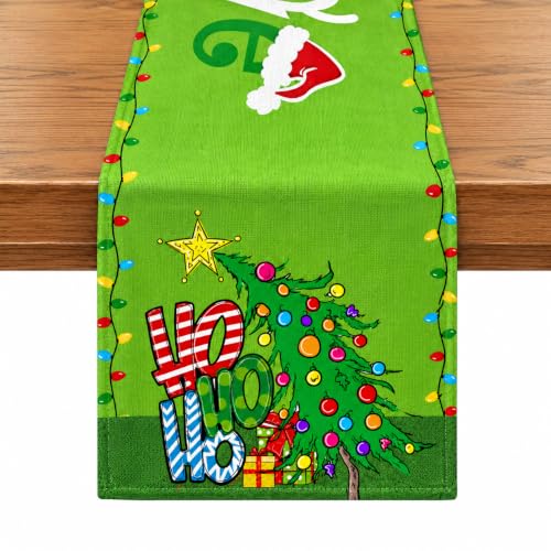 Christmas Green Linen Table Runner 13x72 Inch Holiday Decor
