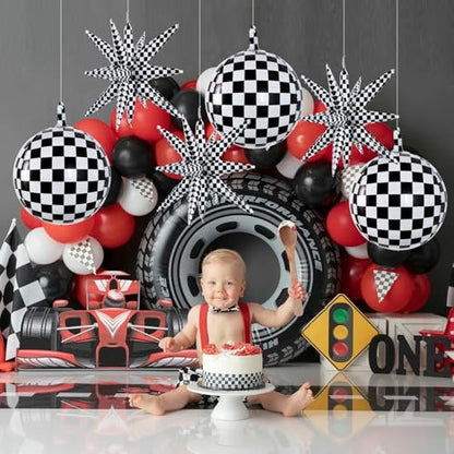 TONIFUL 8 Pack 22 Inch Black Checkered Large 4D Round and Star Foil Balloons Set - Party Decorations for Christmas, New Year, Birthday, Wedding