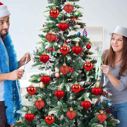 24 PCS Heart Shaped Ornament for Christmas Tree Red Heart Hanging Ornament Multi Finish Hearts Plastic Baubles Xmas Tree Hanging Decoration for Valentines Anniversary Party Decor