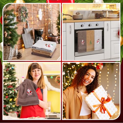 3 Pcs Christmas Hand Towels for Bathroom with Santa Claus Embroidery, 13.3 x 29 Inches - Brown, Gray & Beige