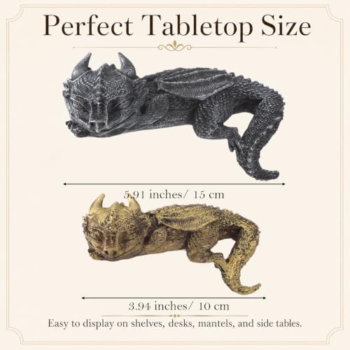 Sleeping Dragon Bookend Set - Fantasy Black & Gold Mythical Decor