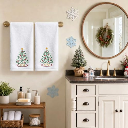 Hexagram Christmas Hand Towels - 14x30 Inch Embroidered Tree Bathroom Decor Set