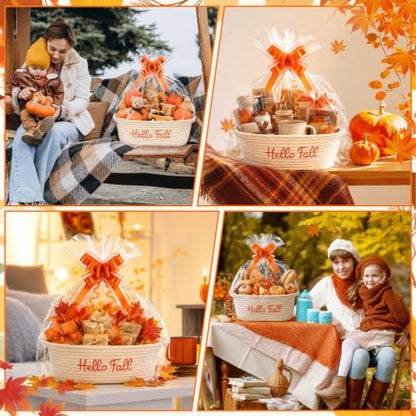 Hello Fall Woven Cotton Rope Gift Basket with Embroidered Hello Fall and Decorative Bow