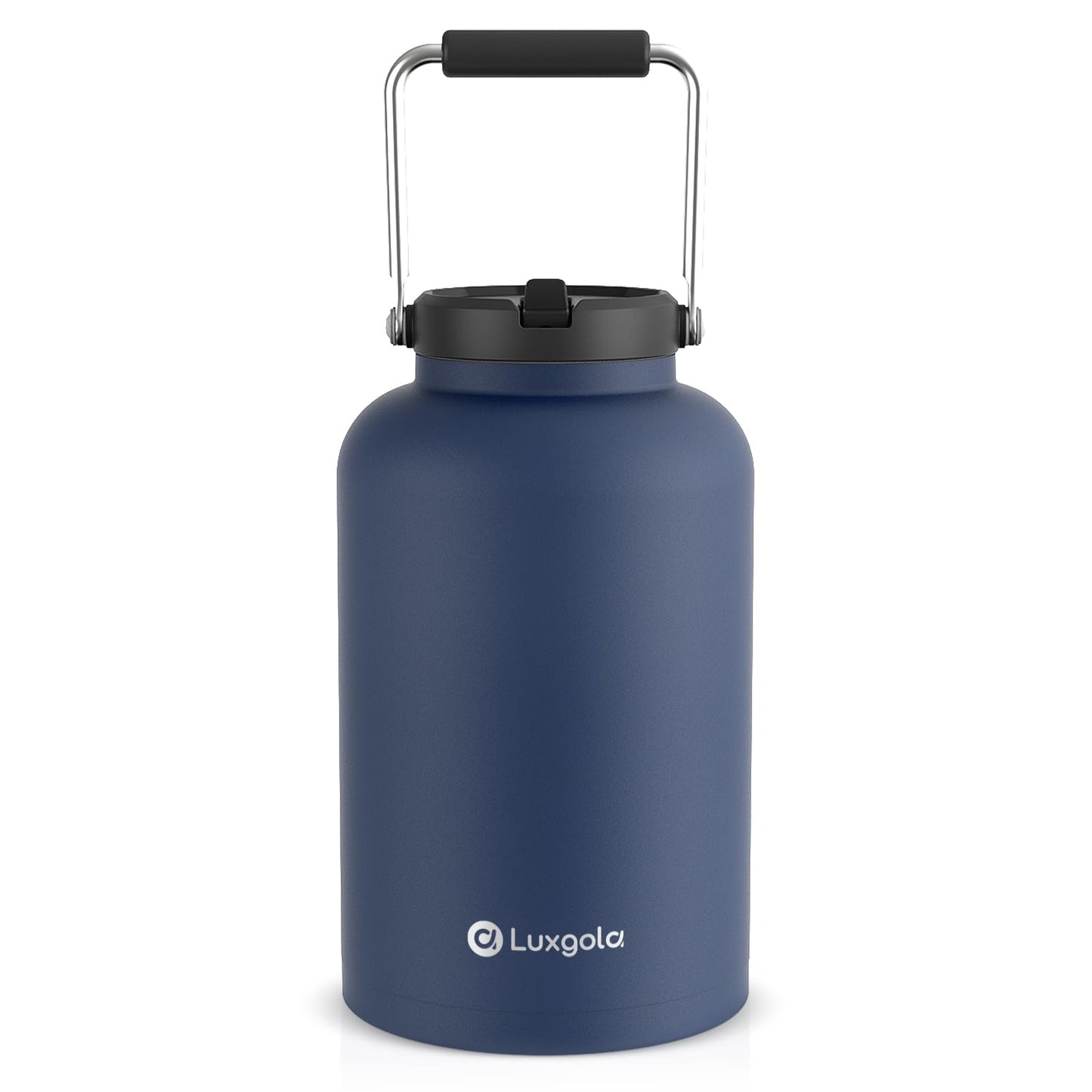 Luxgola 128 oz Insulated Water Jug with Straw Lid and Handle, One Gallon Stainless Steel Double Vacuum Water Bottle for Hot & Cold Drinks - Sweat Proof, Great for Travel, Hiking, Camping - Dark Blue