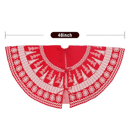 Knitted Christmas Tree Skirt 48 Inch Snowflake Cable Knit Holiday Decor Red Burgundy