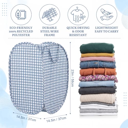 Dusty Blue Gingham Collapsible Laundry Basket Pop Up Hamper 14.57 Inch