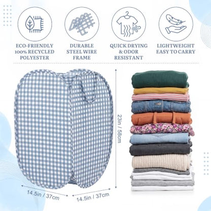 Dusty Blue Gingham Collapsible Laundry Basket Pop Up Hamper 14.57 Inch