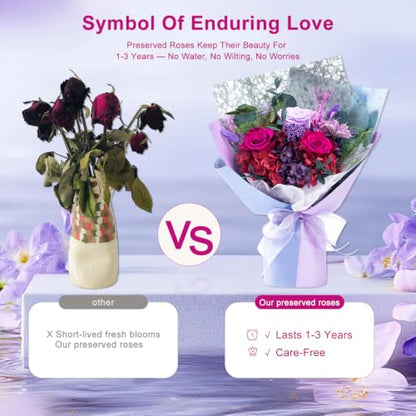 Purple Preserved Flowers Bouquet - Long Lasting Real Floral Arrangement