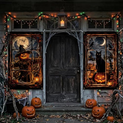 Halloween Window Cover 2PCS Pumpkin Cat Decorations Spooky Home Decor