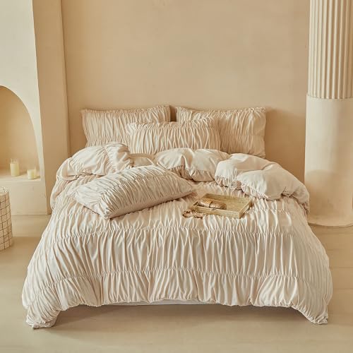 Twin Size Khaki Ruched Duvet Cover - Microfiber Bedding with Elegant Gathered Texture