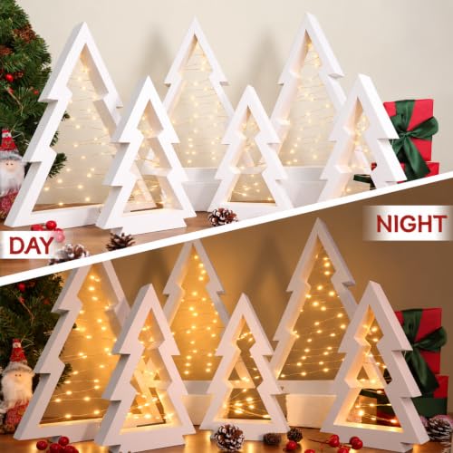 6 Pcs Wooden Christmas Trees with Lights Set - White Tabletop Holiday Decor - Variation of 6