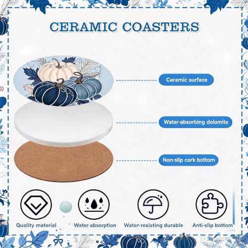 Fall Ceramic Drink Coasters Set - Blue Pumpkin Leaves Decor, 4 Pieces