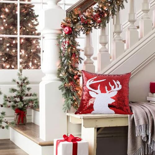 Bling Christmas Sequin Pillow Covers 18x18 Inches Set of 4 - Reversible Holiday Cushion Cases - Red Snowflake Design