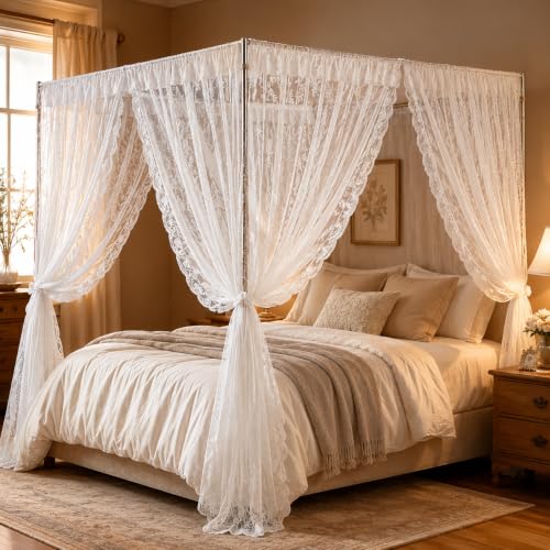 White Lace Canopy Bed Curtains Set for Queen Size Bed - 4 Corner Mosquito Net - 1 Set