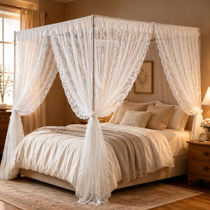 White Lace Canopy Bed Curtains Set for Queen Size Bed - 4 Corner Mosquito Net - 1 Set