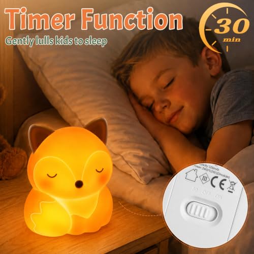Kids Fox Night Light - Squishy Silicone Bedside Lamp for Nursery & Toddler