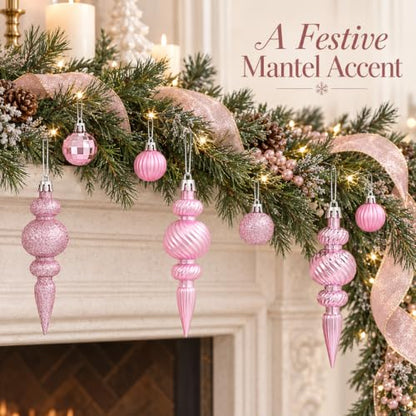 Pink Mini Christmas Ornaments Set with Star Tree Topper - 32PCS, Shatterproof