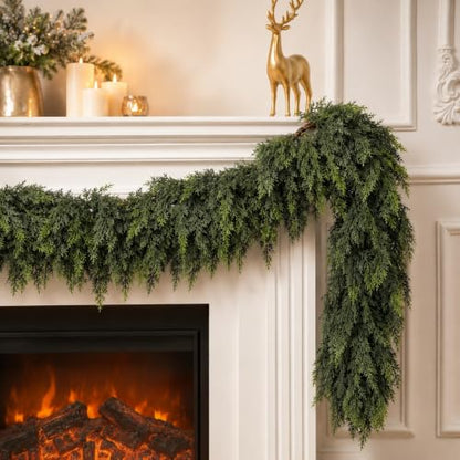 6FT Christmas Garland with Real Touch Cedar for Mantle & Porch - 2 Pack