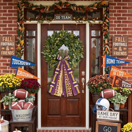 Football Wreath Sash - Purple Gold Ribbon Bow for Game Day Decor - Variation of Purple Gold