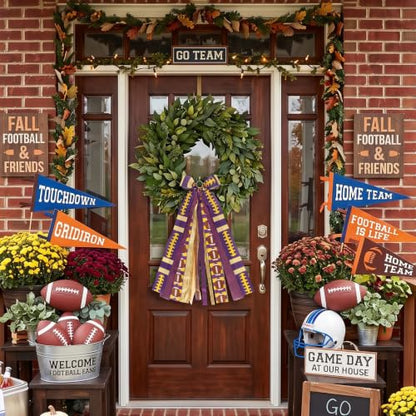 Football Wreath Sash - Purple Gold Ribbon Bow for Game Day Decor - Variation of Purple Gold
