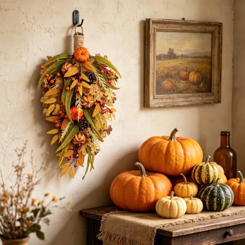 2pcs Artificial Fall Teardrop Swag for Front Door with Pumpkins and Berries