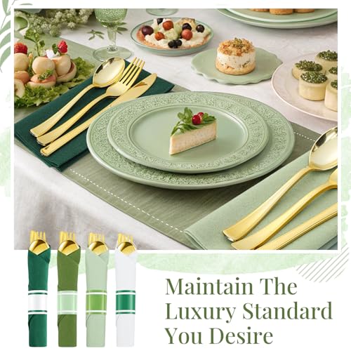 Pre-Rolled Gold Cutlery Set with Green Napkins for 50 Guests - Disposable Party Tableware