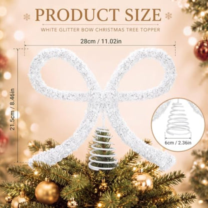 11-Inch White Bow Christmas Tree Topper with Glitter Metal Spiral Base