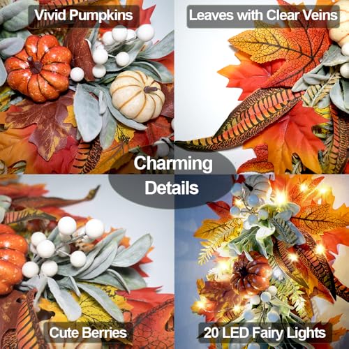 Pre-Lit Fall Teardrop Swag Wreath for Front Door - Autumn Halloween Decor