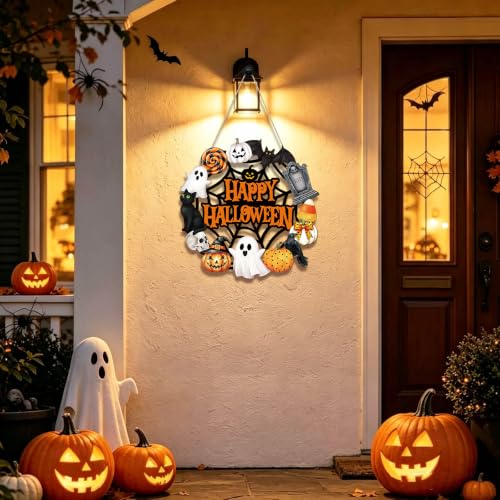 Halloween Wooden Ghost Door Wreath - Large Orange Halloween Decor for Front Door