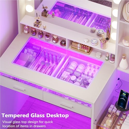 Pure White Vanity Desk with Mirror, RGB Lights, Glass Top, Open Shelves & Power Outlet (42.5W x 15.7D x 55.1H)