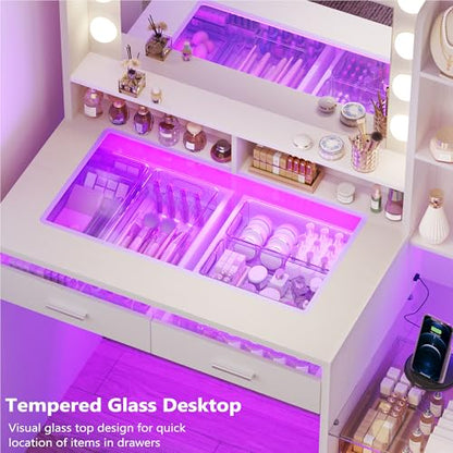 Pure White Vanity Desk with Mirror, RGB Lights, Glass Top, Open Shelves & Power Outlet (42.5W x 15.7D x 55.1H)