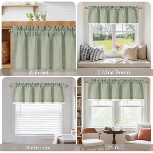 NICETOWN Sage Green Linen Valance 52x18 Inch Double Layer Window Curtain - Farmhouse Style